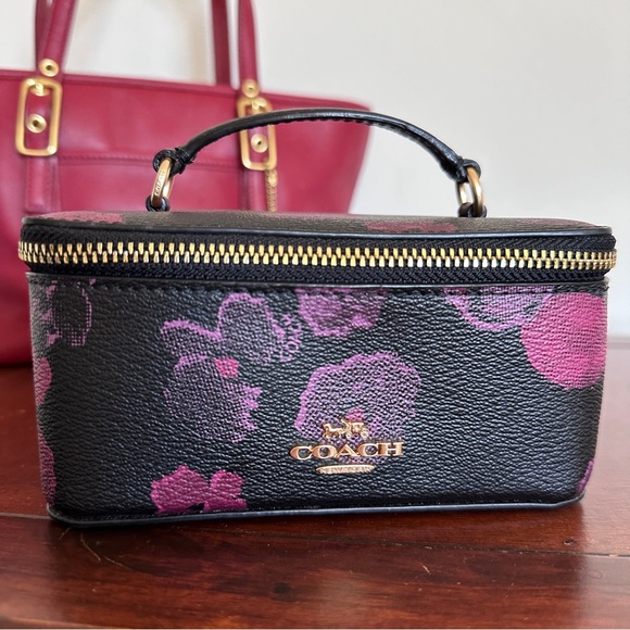 Coach Handbags - Coach Vanity Case Handled Zip Jewelry Travel Box Halftone Floral Black/Wine